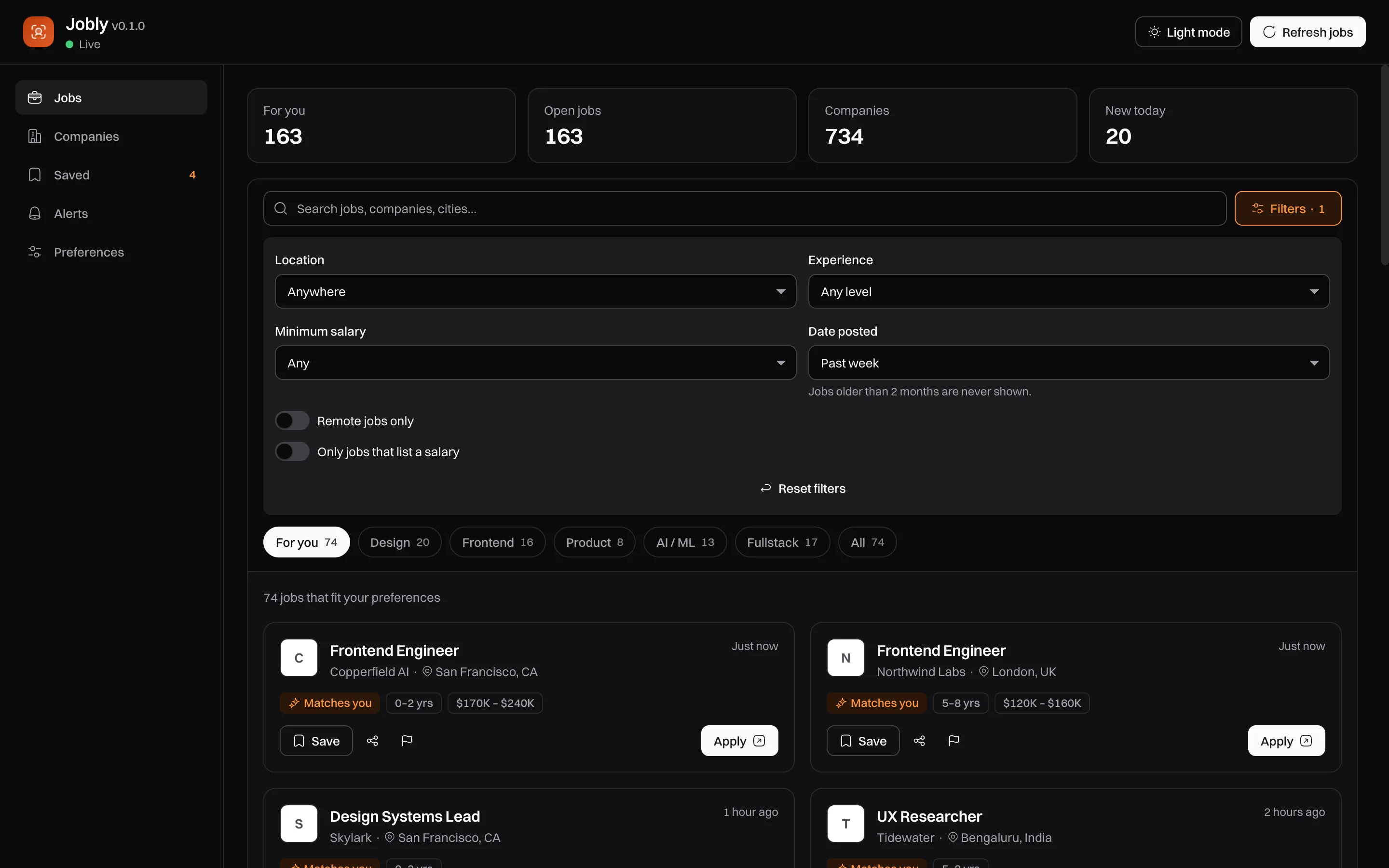 The filters panel open with Date posted set to Past week.