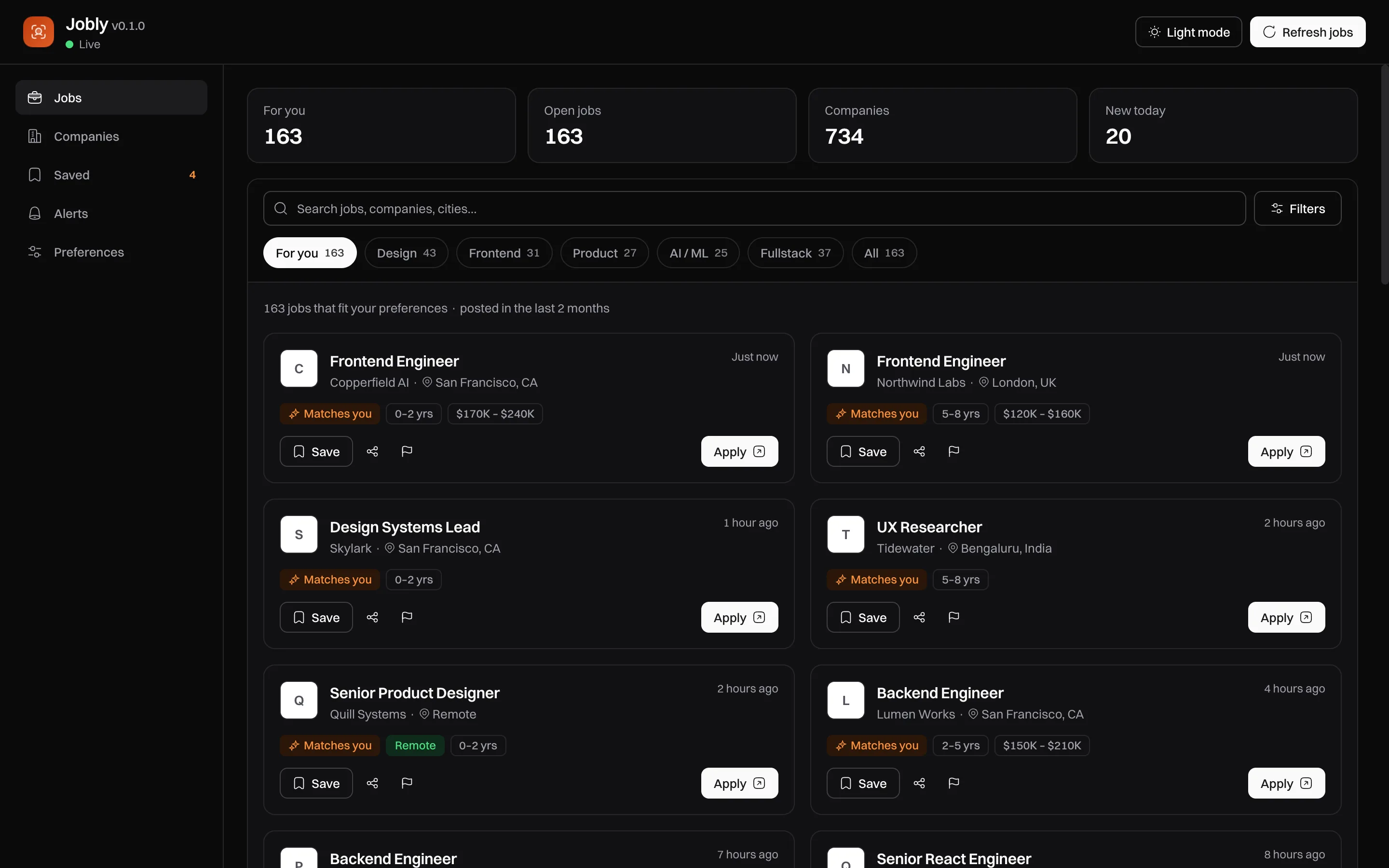 The Jobly dashboard: job cards with company, location, posting time, a Matches you badge, and Save and Apply buttons.
