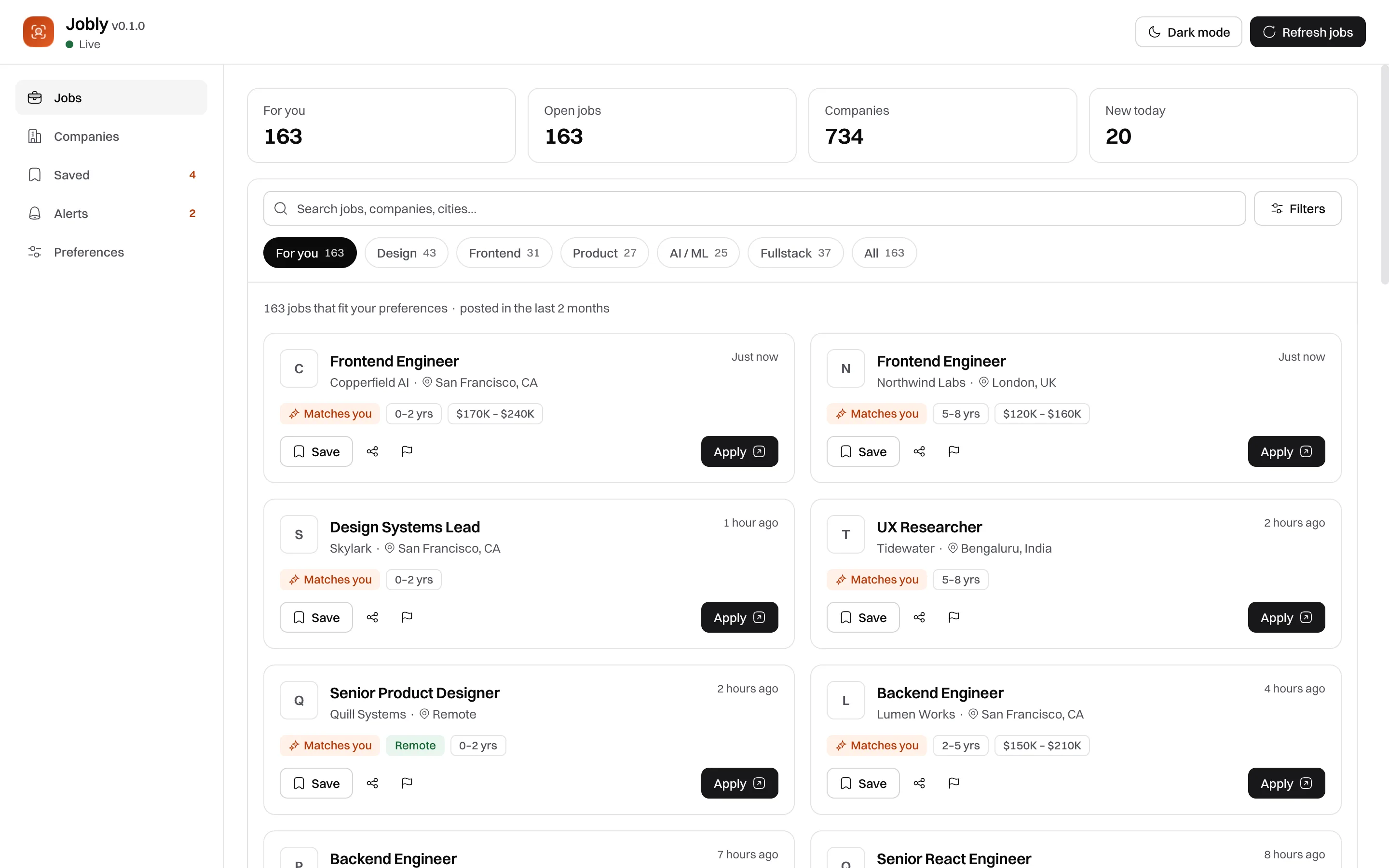 The Jobly dashboard: job cards with company, location, posting time, a Matches you badge, and Save and Apply buttons.